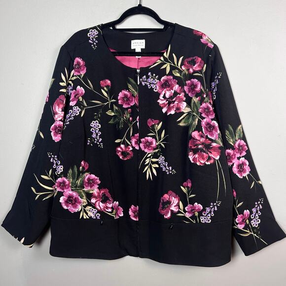 Susan Graver jacket 26 W floral lightweight spring work black pink - Picture 1 of 10